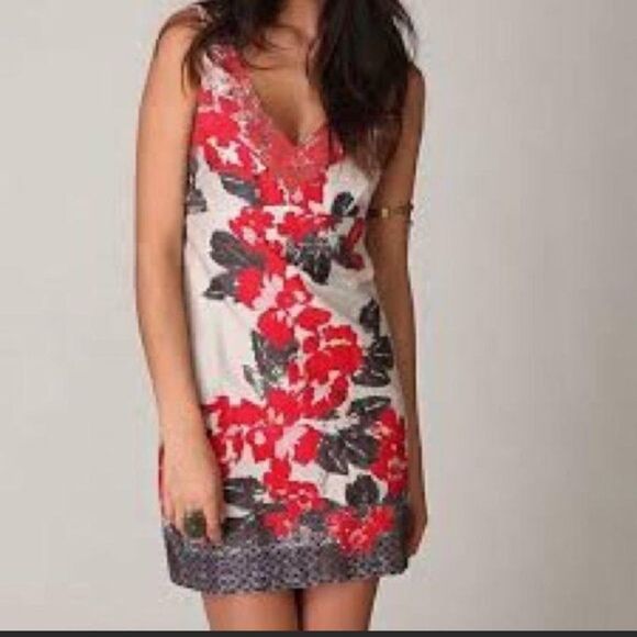 Floral Print V Neck Embroidered Cotton Tank Dress - Picture 1 of 11
